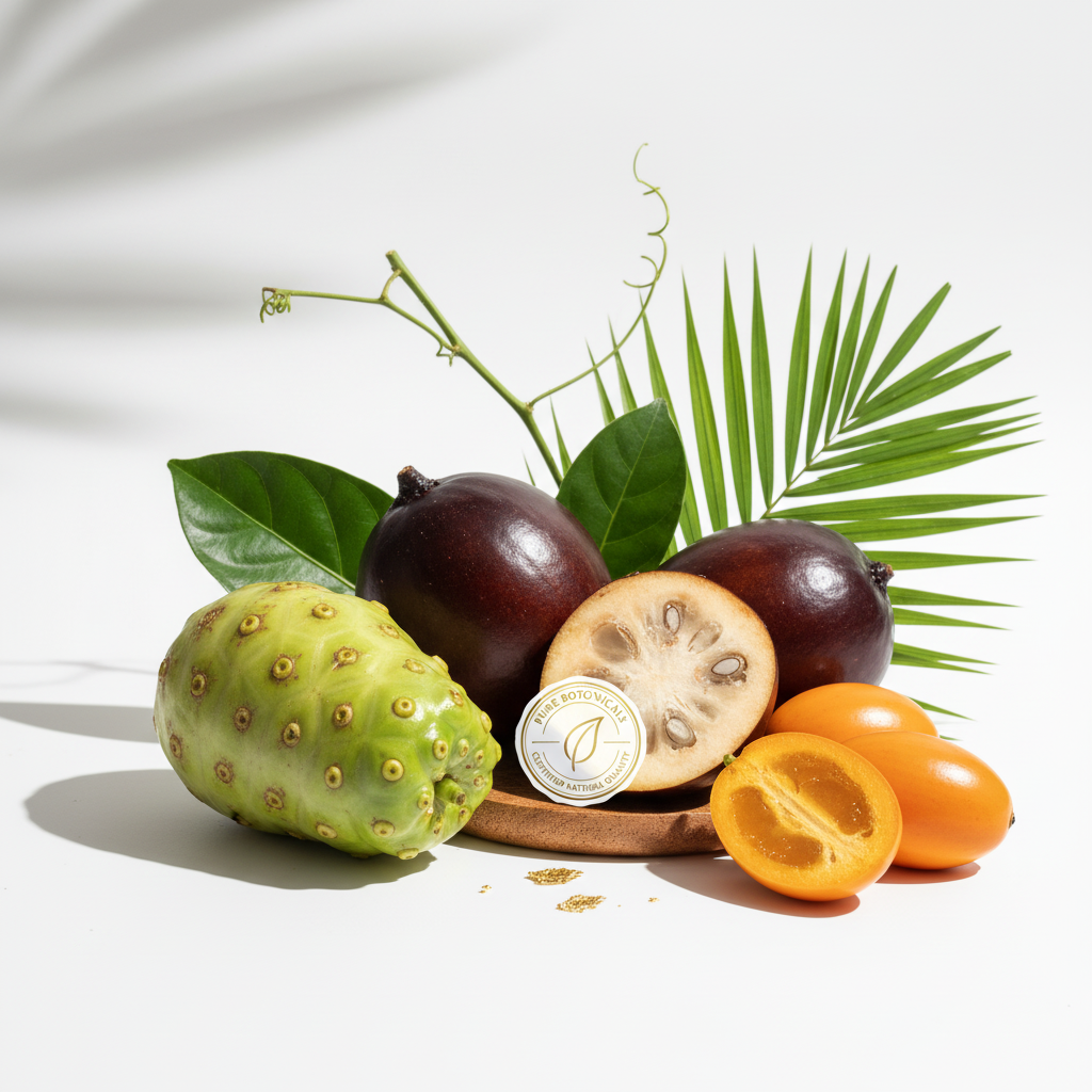 Close-up ingredientes Noni Borojó Chontaduro SCX Bull natural fondo claro Bogotá