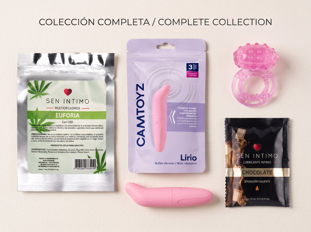 Set Intenso Sensorial Lirio: Bala Vibradora, Anillo Texturizado, Elixir CBD Euforia y Lubricante Chocolate 🌹✨
