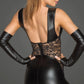 Vestido negro con guantes-Vestido negro con encaje-vestido en cuerina