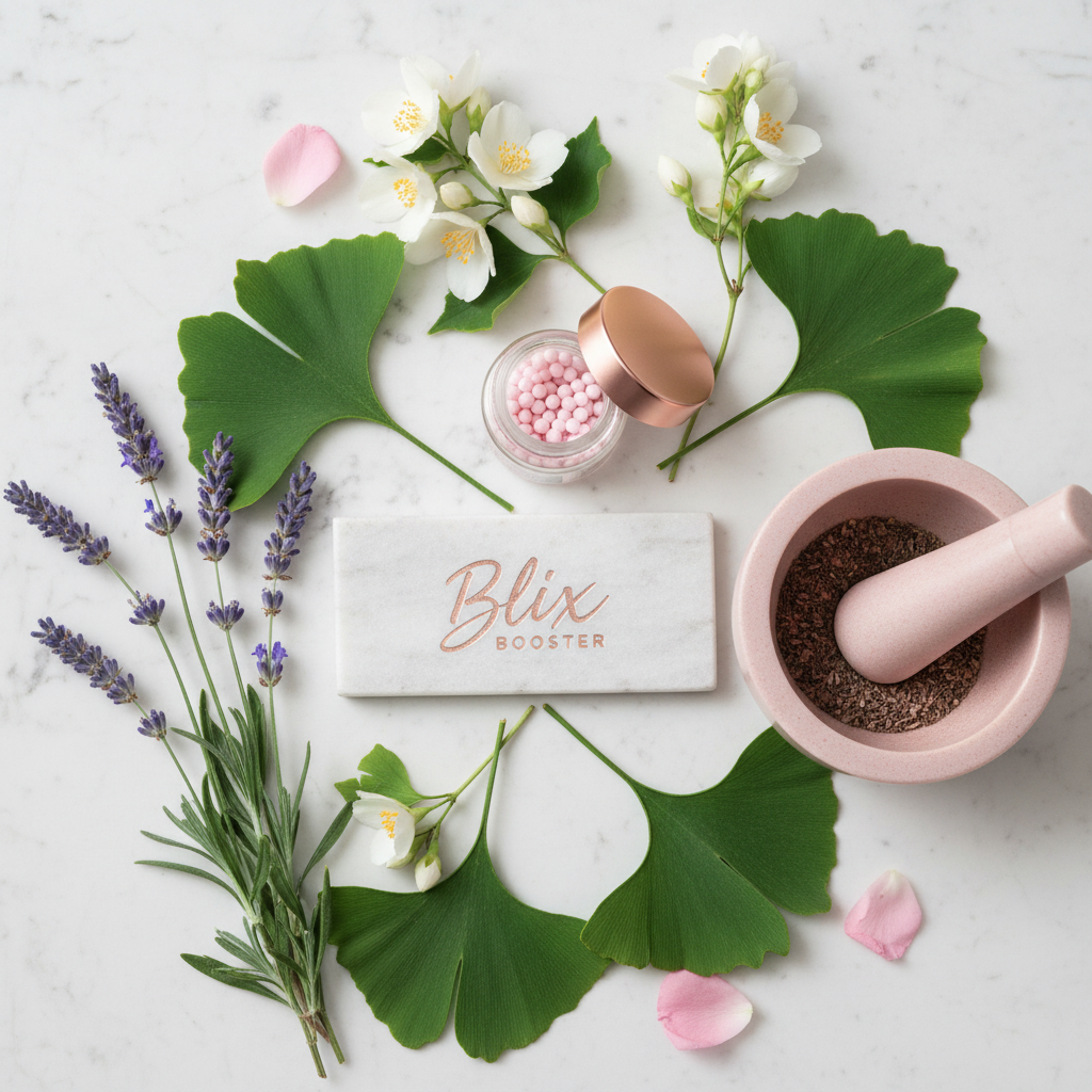 Imágenes elegantes Blix Booster mujer adaptógenos vitaminas B fondo claro sofisticado Bogotá