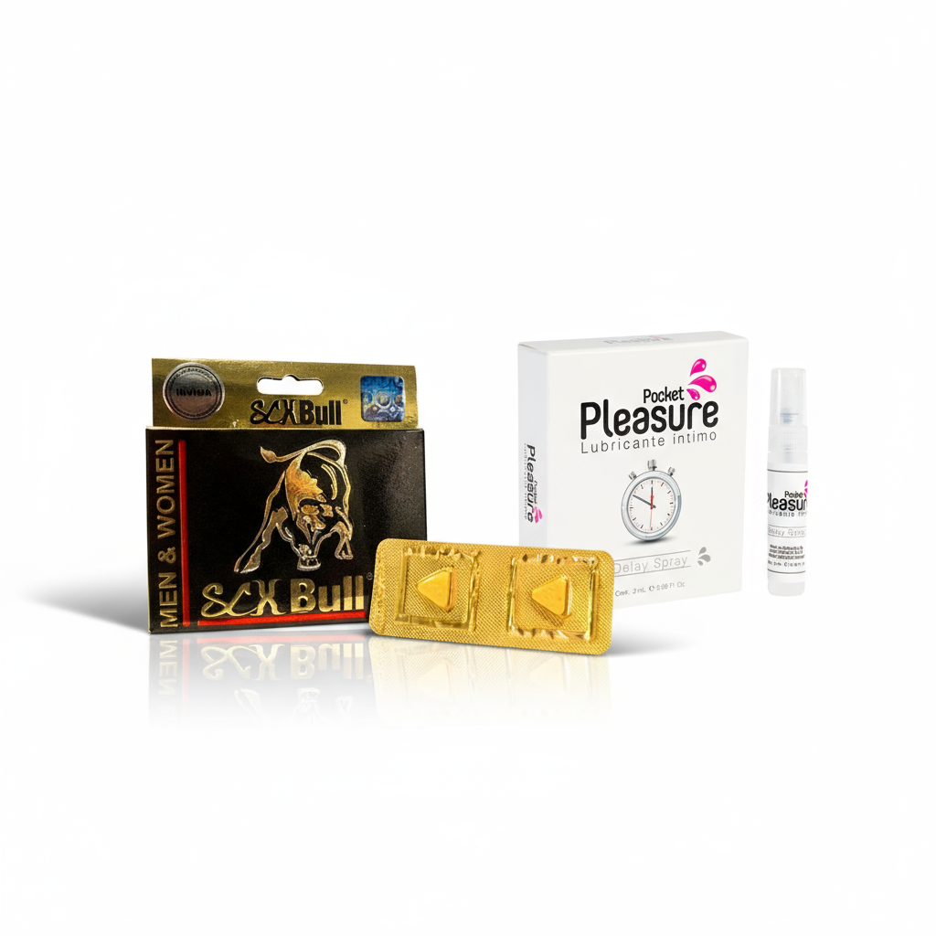 Kit SCX Bull Pastillas x2 y Retardante Pocket Pleasure Fondo Blanco Premium