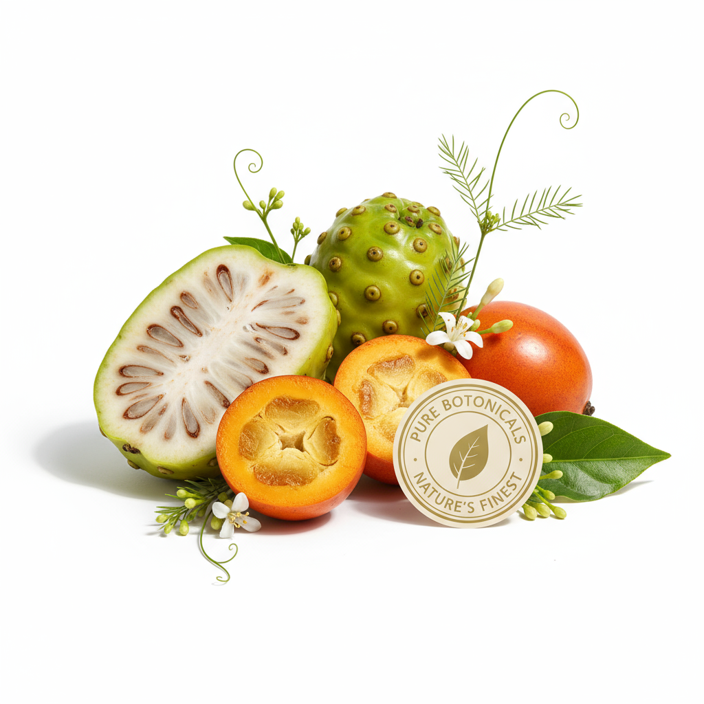 Close-up ingredientes Noni Chontaduro SCX Bull natural fondo claro sofisticado Bogotá