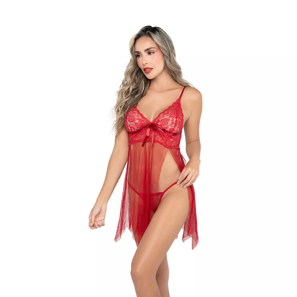 Baby Doll Velvet Lerot Rojo – Conjunto de Lencería Atrevida con Encaje y Malla